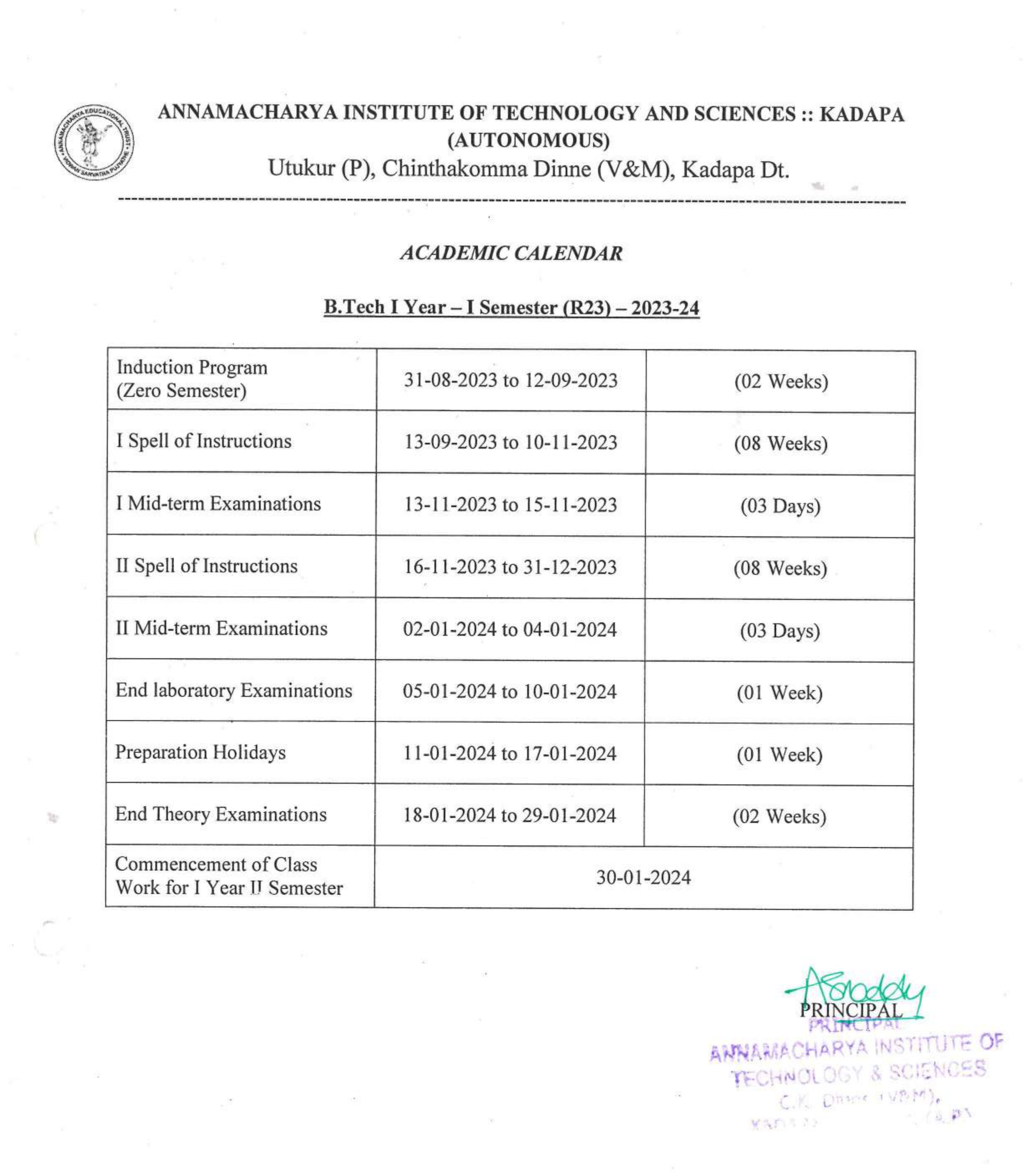 B.Tech Academic Calender - 2023-24