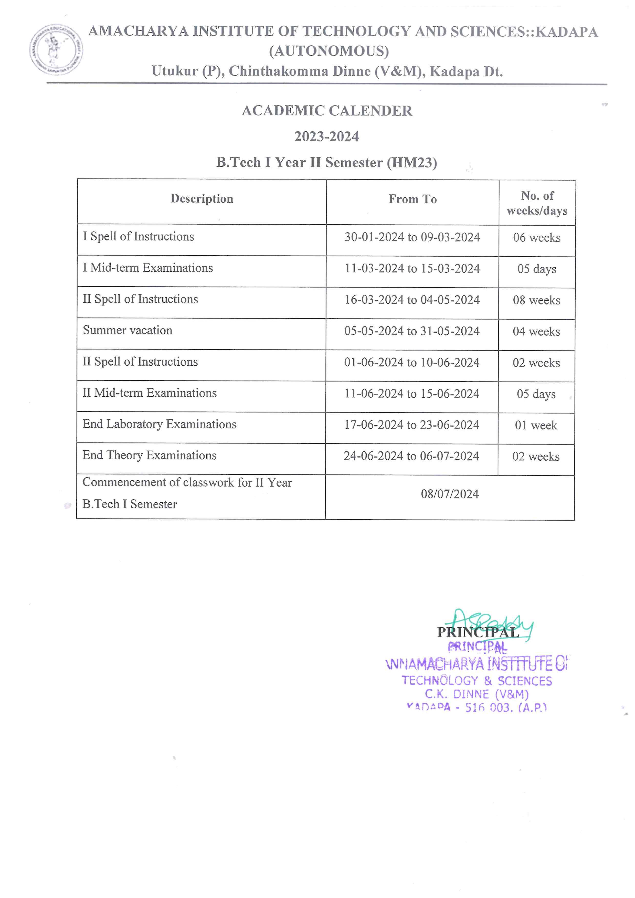 B.Tech Academic Calender - 2023-24