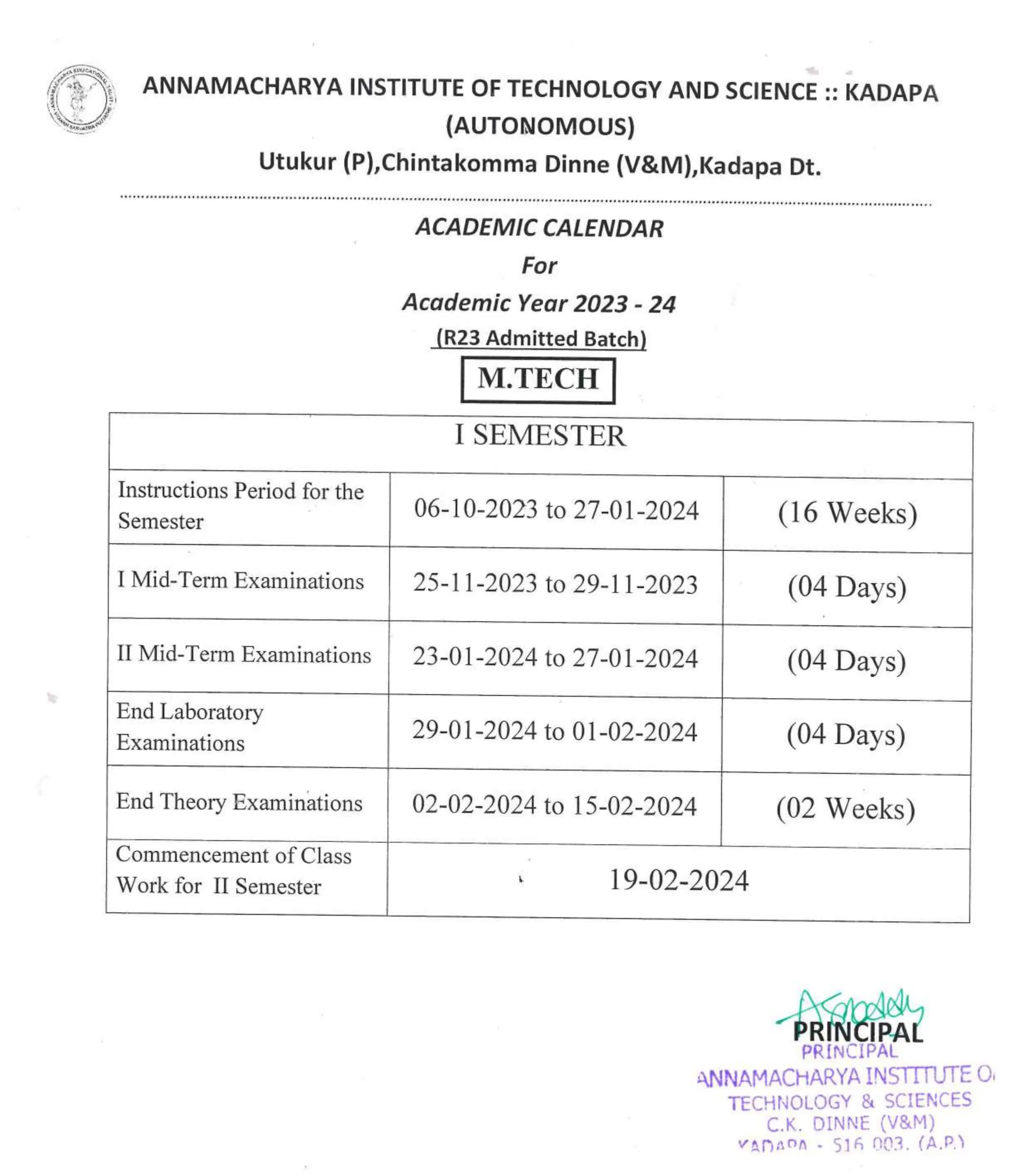 B.Tech Academic Calender - 2023-24