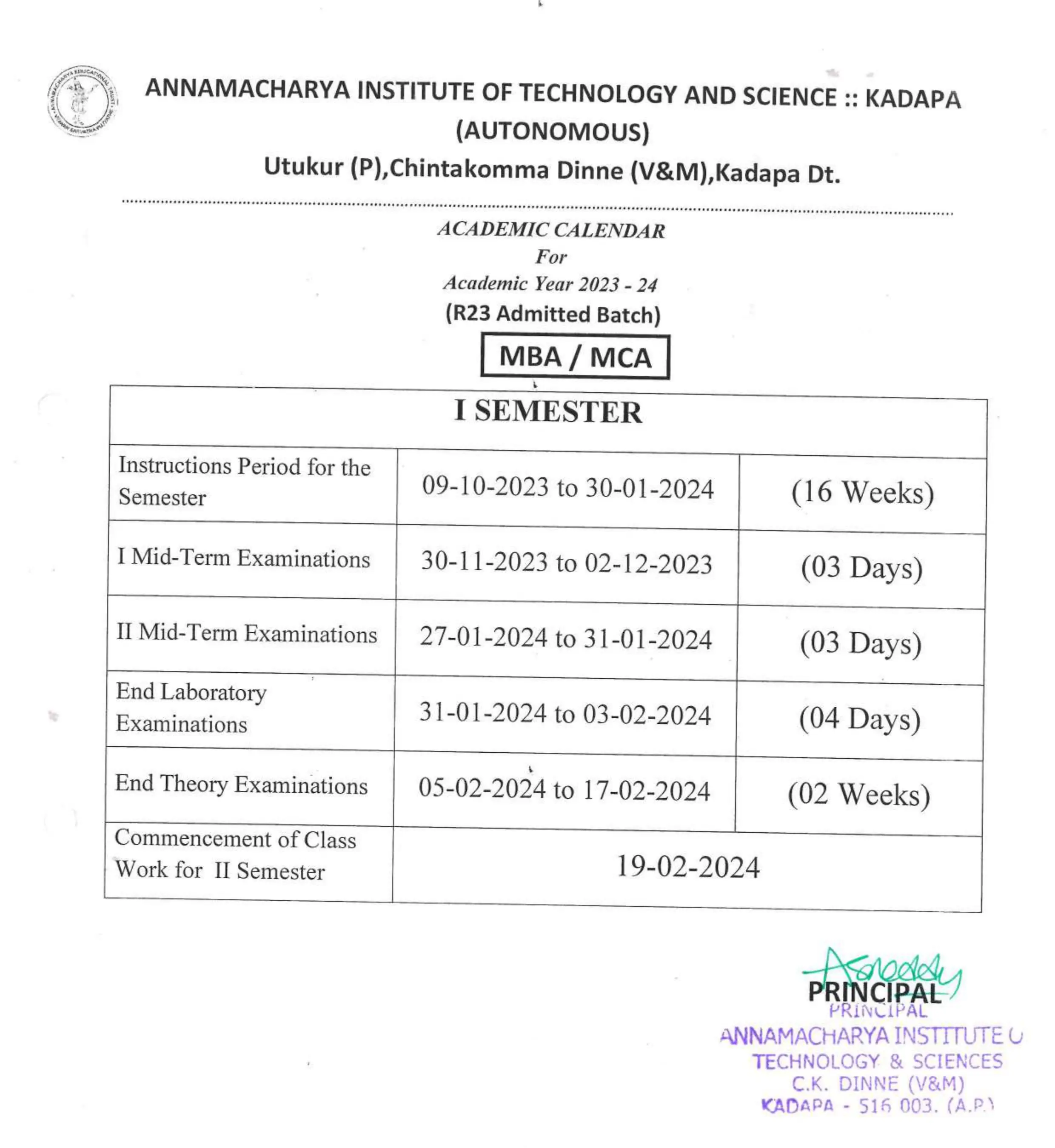 B.Tech Academic Calender - 2023-24