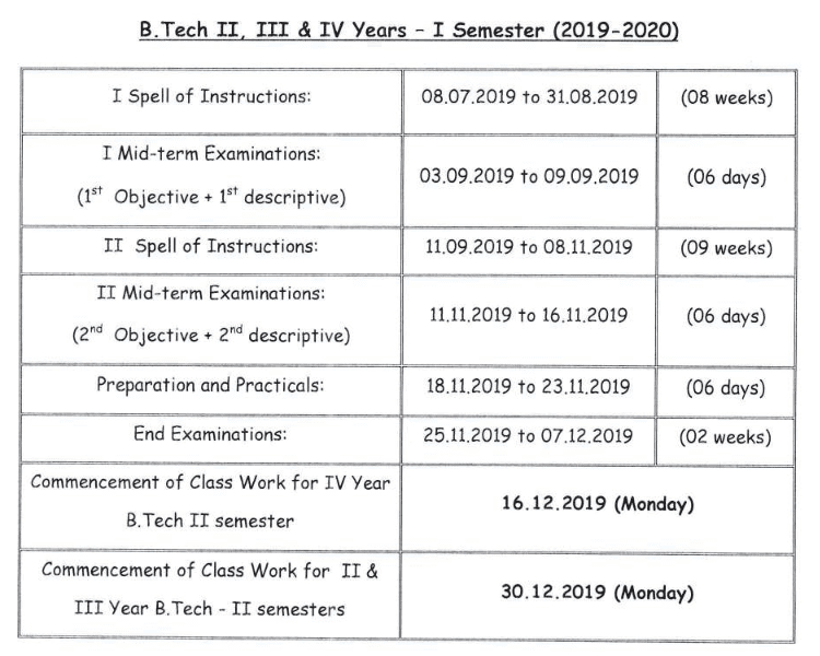 B.Tech Academic Calender - 2019