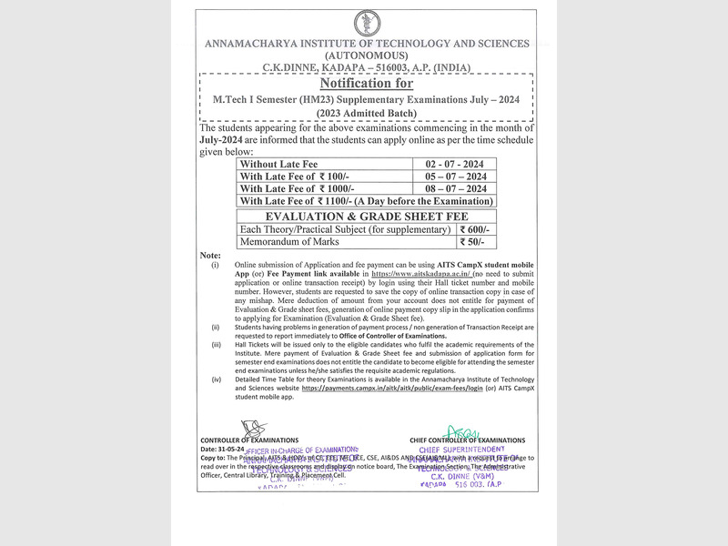 M.TECH I SEMESTER(HM23) SUPPLEMENTARY EXAMINATIONS JULY 2024