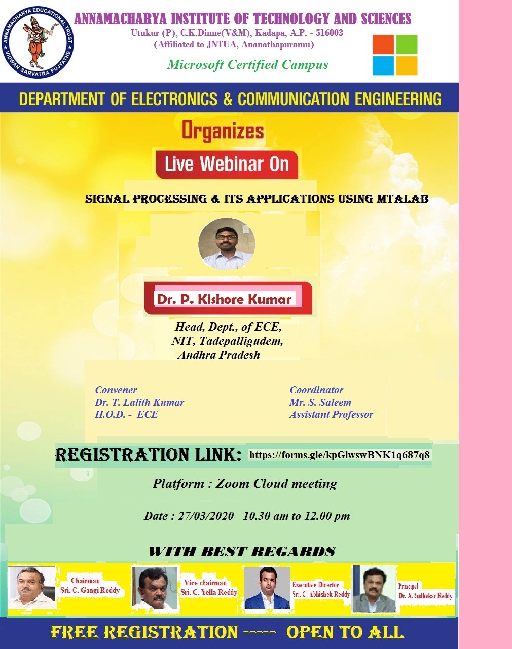 A NATIONAL LEVEL WEBINAR ON - SIGNAL PROCESSING AND ITS APPLICATIONS USING MAT LAB
