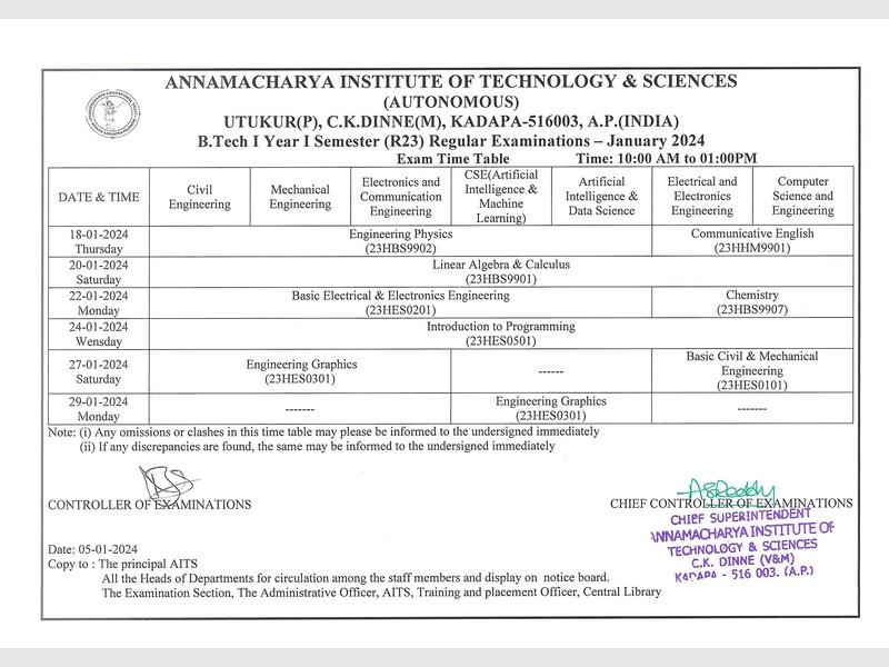 Time Table for B.Tech I Year I Semester (R23) REGULAR EXAMINATIONS JAN-2024